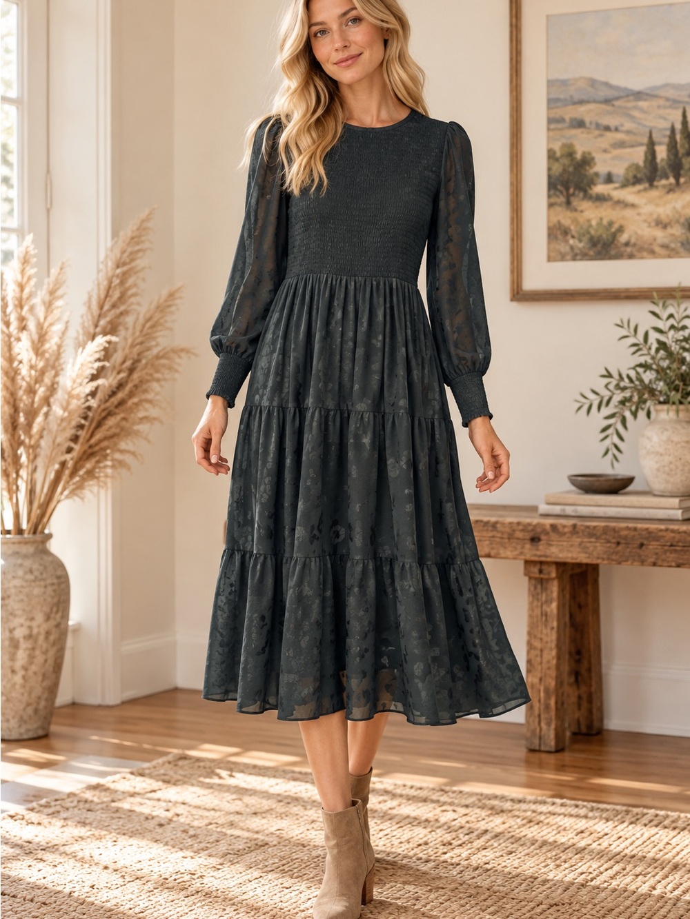 Baltic Born Dark Green Floral Smocked Tiered Midi Dress
